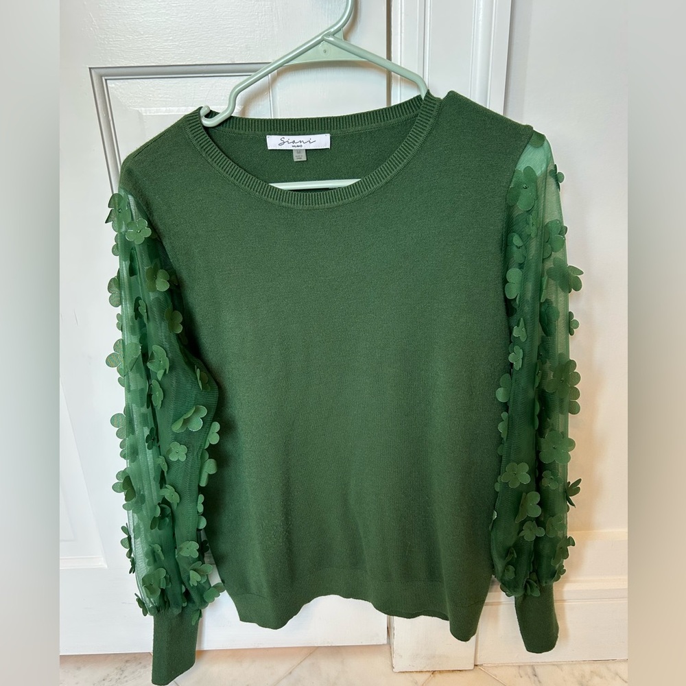 Green Sweater with Floral Sheer Sleeves